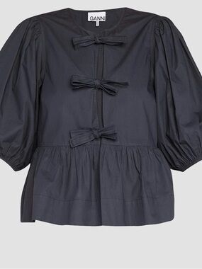 Ganni Black Puff-Sleeve Bow-Front Peplum Top